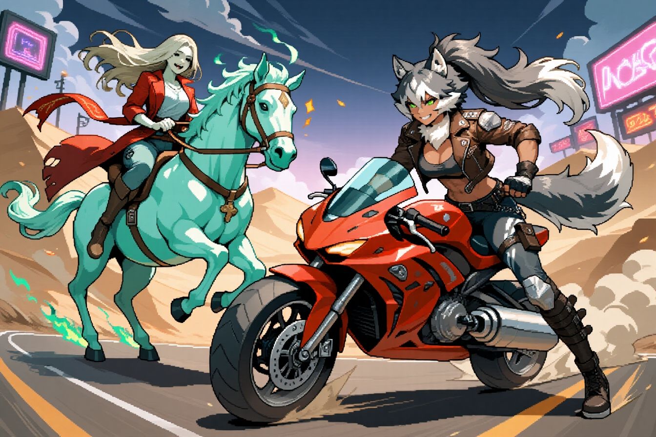 Wolf girl and undead horseman racing