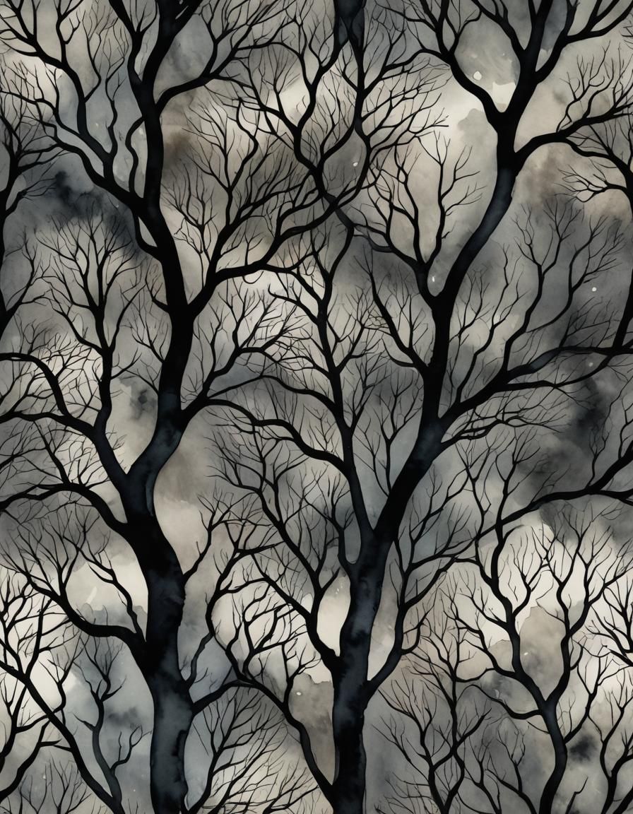 Intricate Black Trees in Watercolor and Alcohol Ink