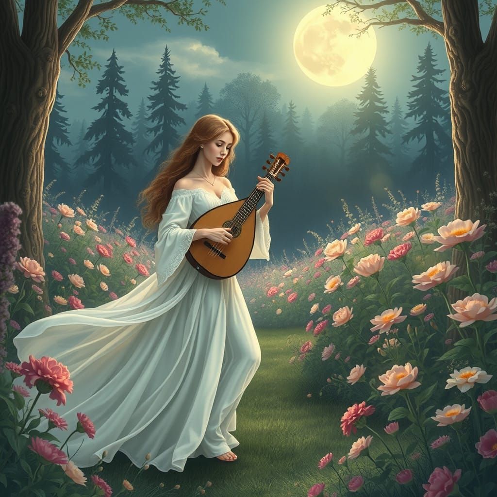 Ethereal Woman Plays Lute Under Moonlit Garden Canopy