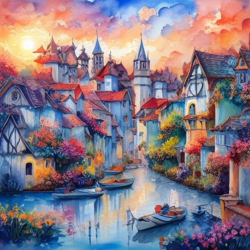 <lora:WatercolorSD15:1.0> A fantasy landscape rendered bathed in golden sunset light