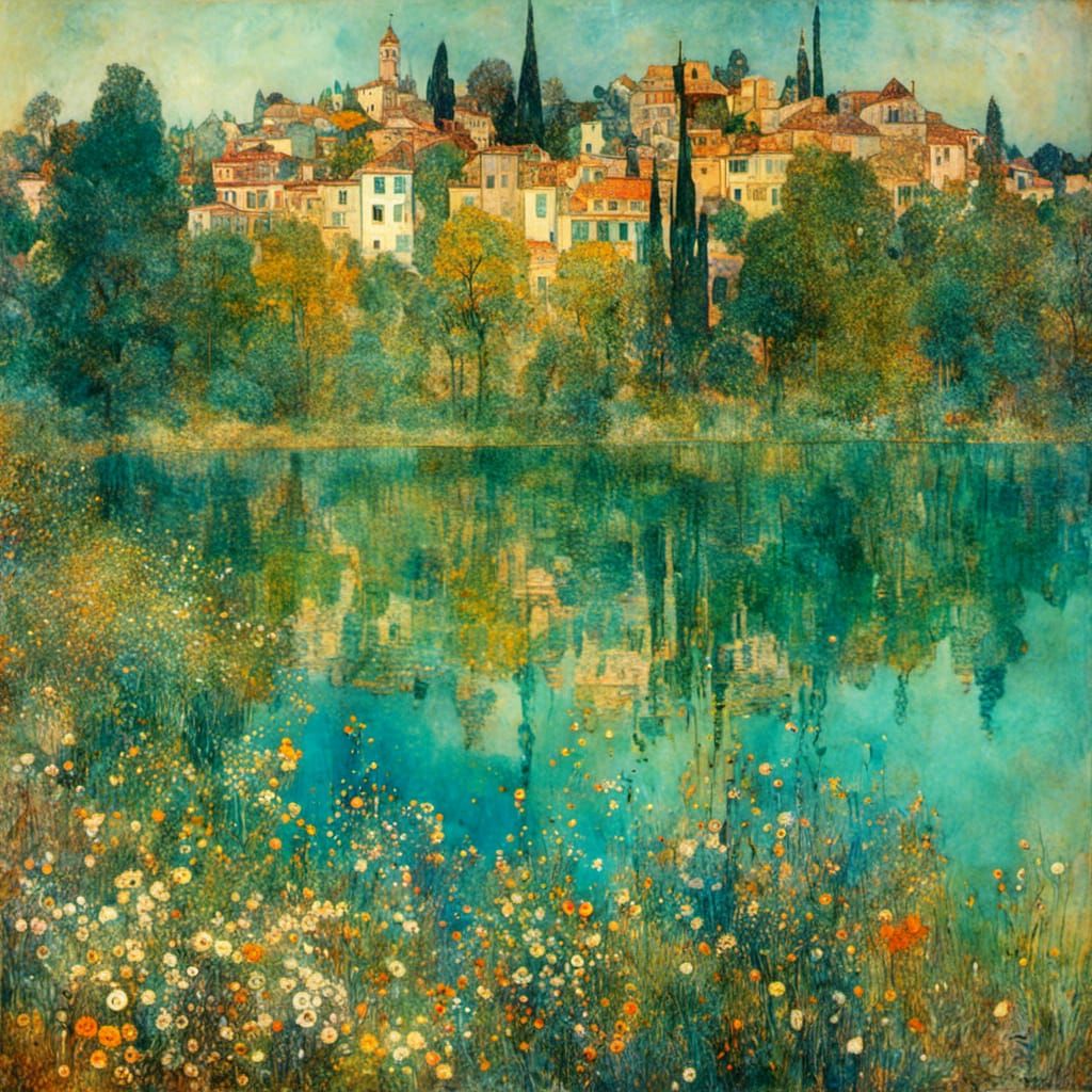 <lora:LandscapeAXL:1.0>  Village lake flowers trees colorful vibrant bold color sunny day