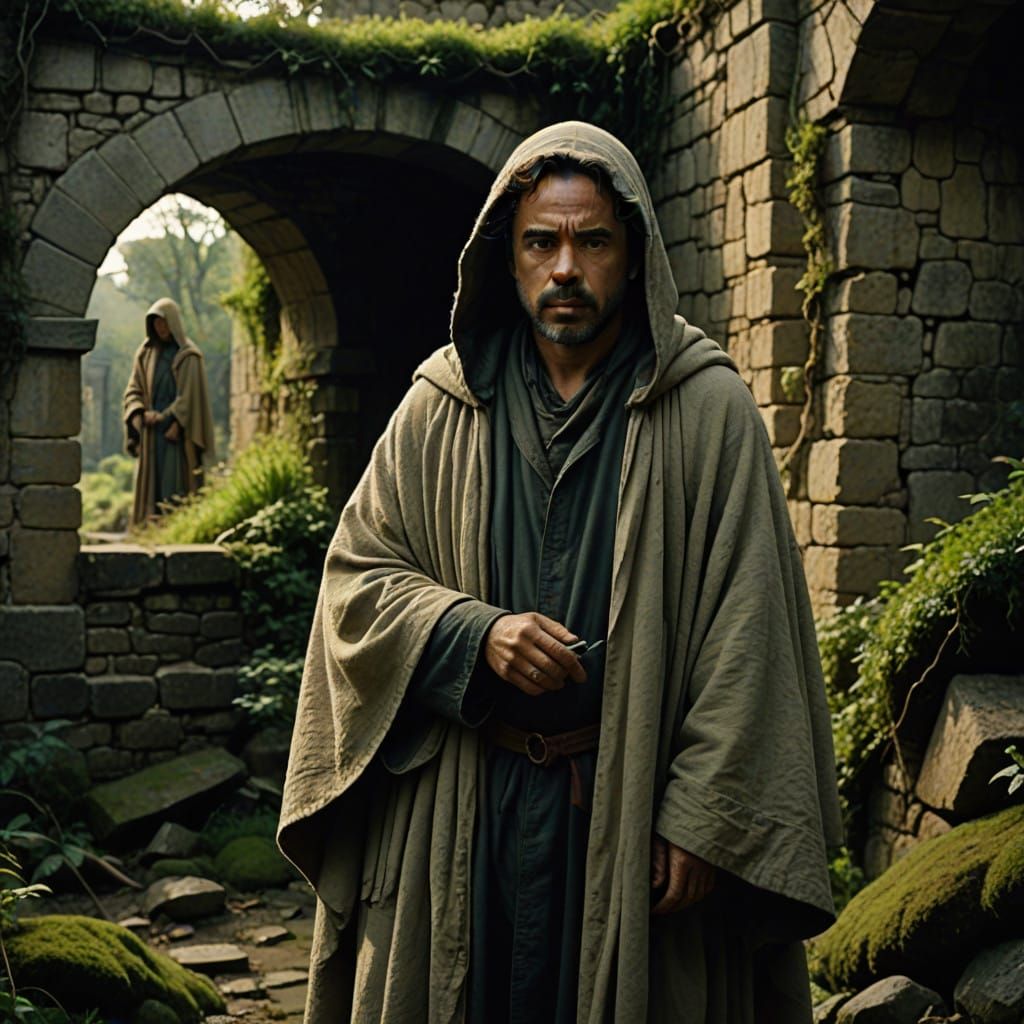 Elegant Woman in Crumbling Ruins at Sunset