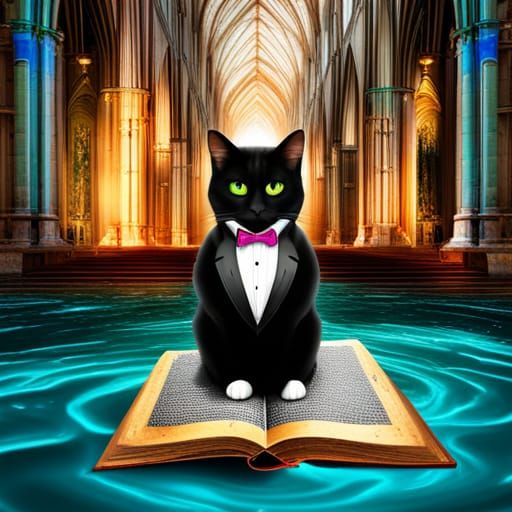 Tuxedo Black Cat floating on book in Cathedral reclaimed by nature - AI ...