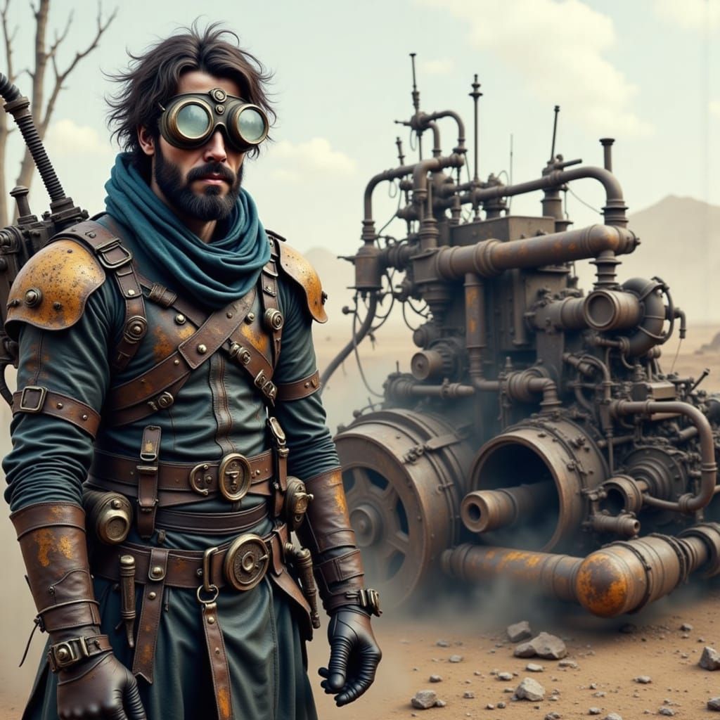 Post Apocalyptic Mad Max style wasteland world. Weathered Steampunk warrior, clad in scavenged leather armor and goggles, stands resolute am...
