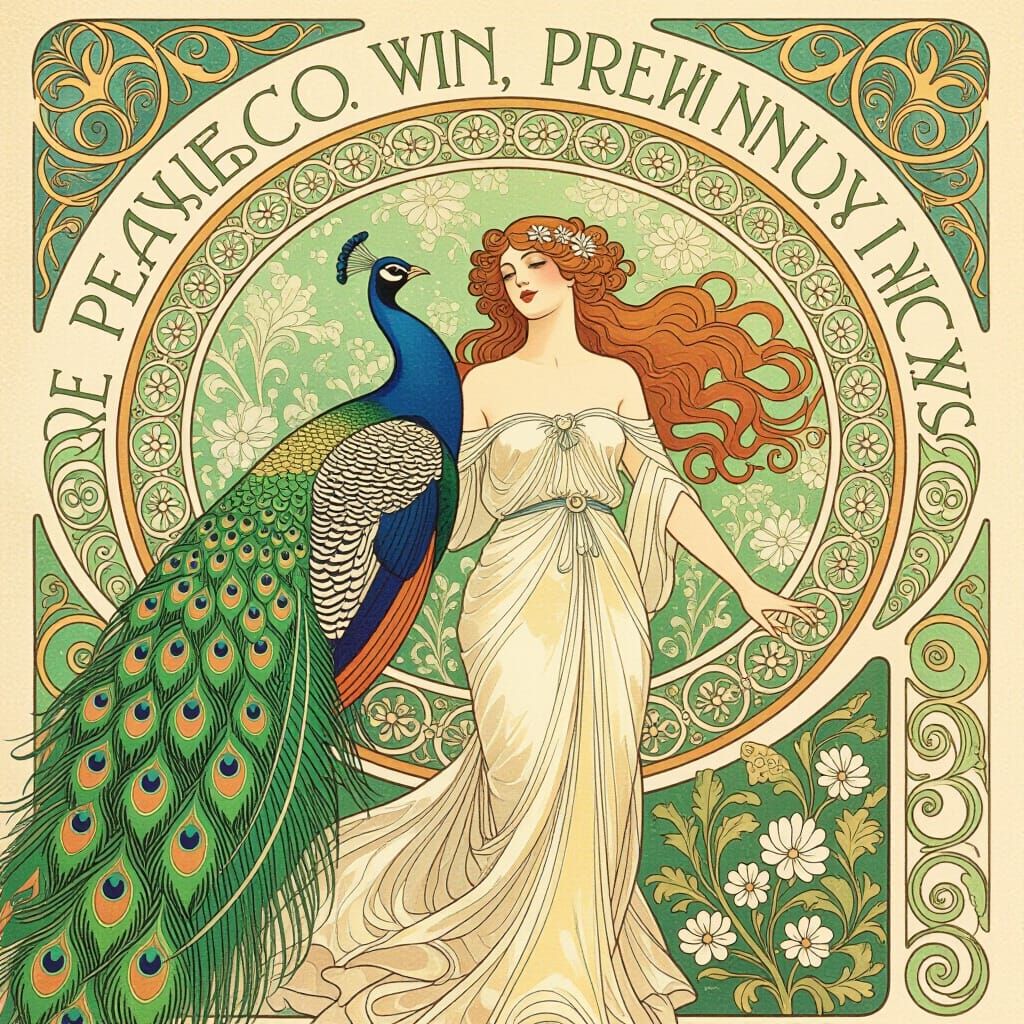 Art Nouveau poem.
Peacocks preen, in jeweled hues,
Their feathers echoing, morning dews.
A woman's hair, a flowing stream,
In Nouveau Garden beauty supreme.
Sanja Zivkovic