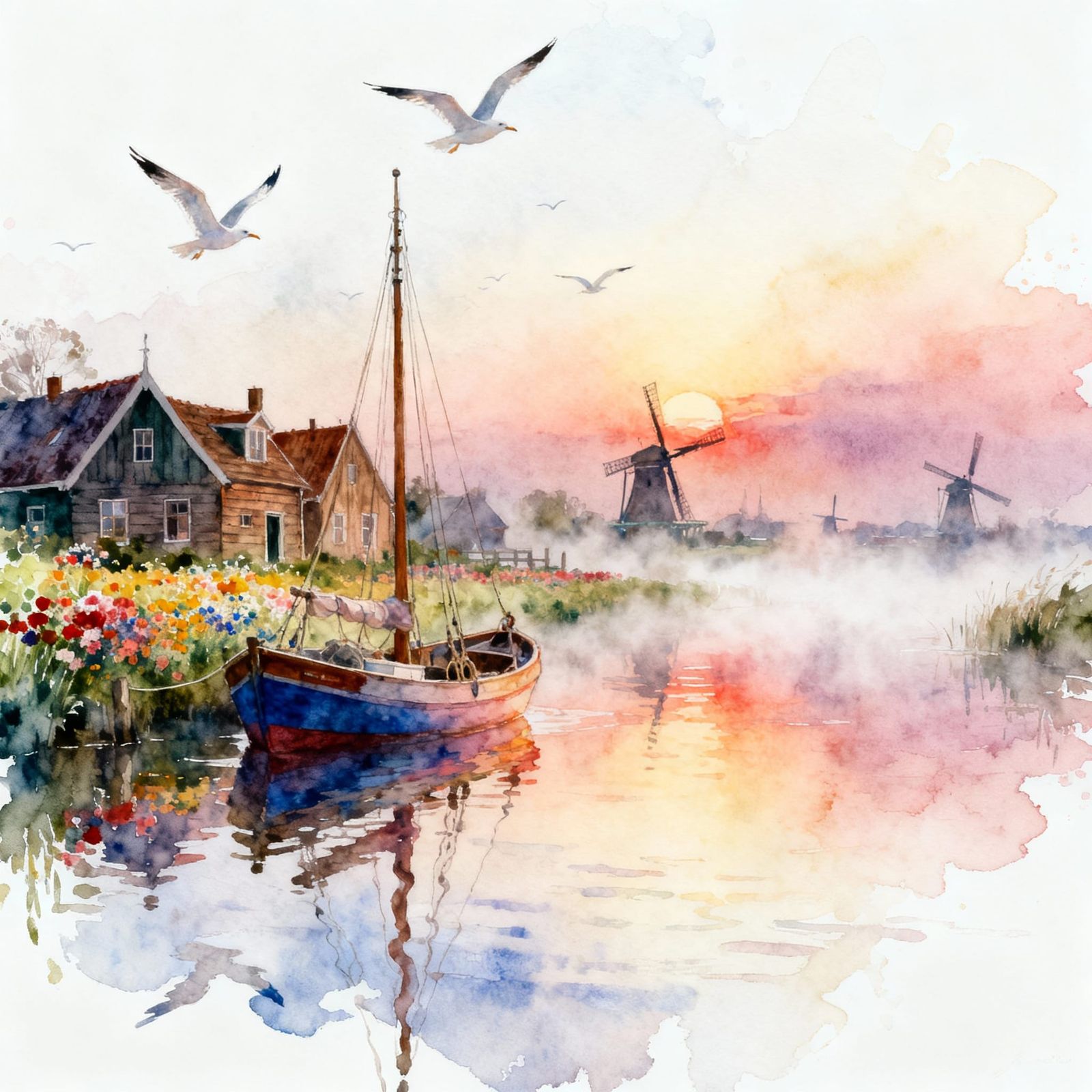Watercolor Dutch Village at Dawn with Windmills