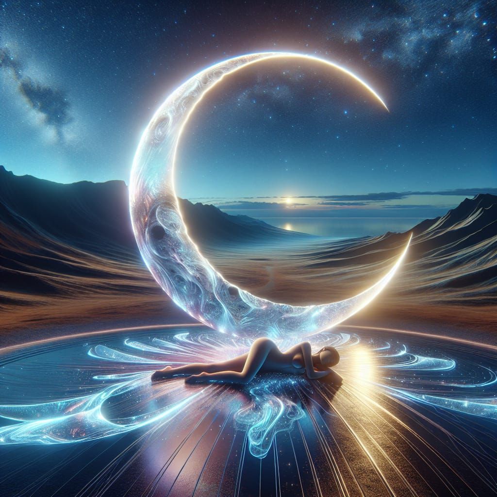 Starlit Sci-Fi: Woman on Holographic Moon