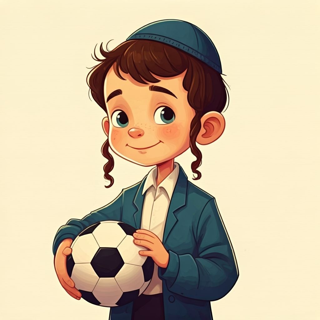 Haredi Boy with Kippah Holds Soccer Ball in Storybook Style