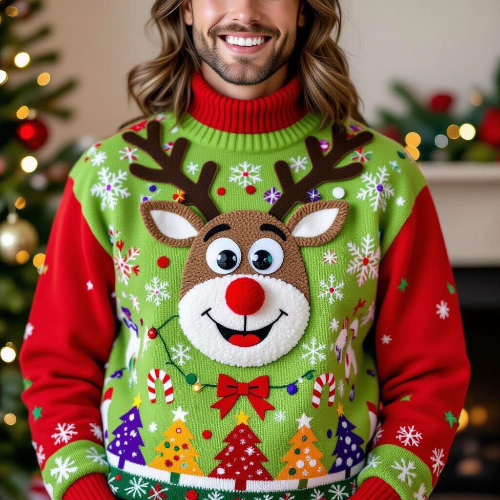 A person wearing an extremely ugly Christmas sweater, lime green with red sleeves, featuring a 3D reindeer ...  by @Phys