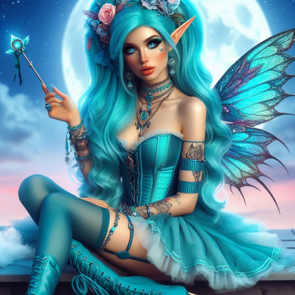 punk elf with long turquoise hair