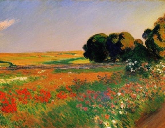 16k resolution, art by Joaquín Sorolla and Claude Monet. A picturesque countryside, fields of vibrant flowers under the soft sunlight, a gen...