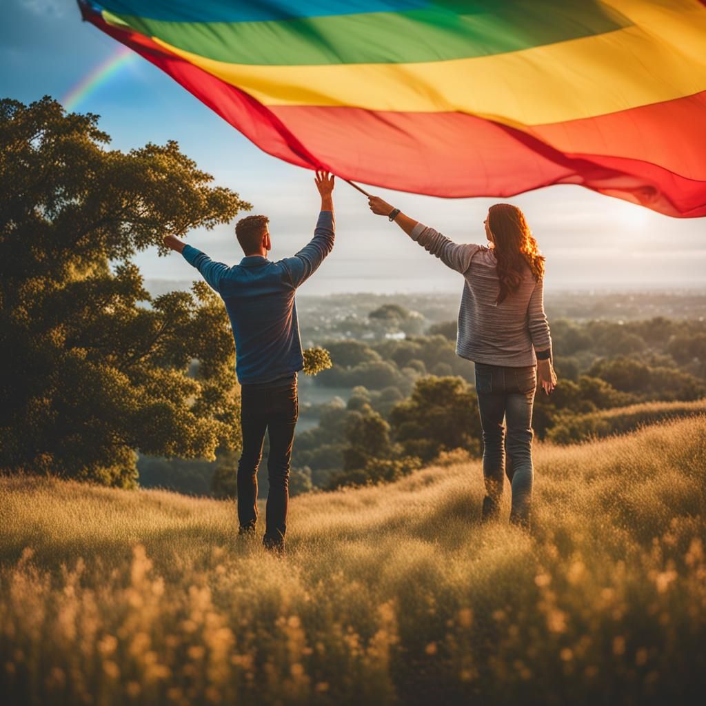 Man & woman, standing on a hill waving a large Rainbow flag.