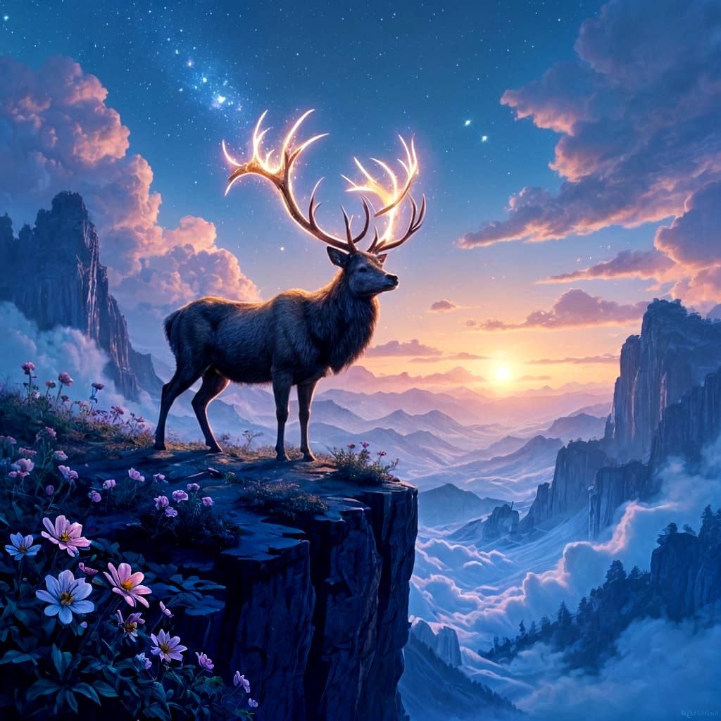 Cosmic Stag on Nebula Cliffside, Astral Illustration