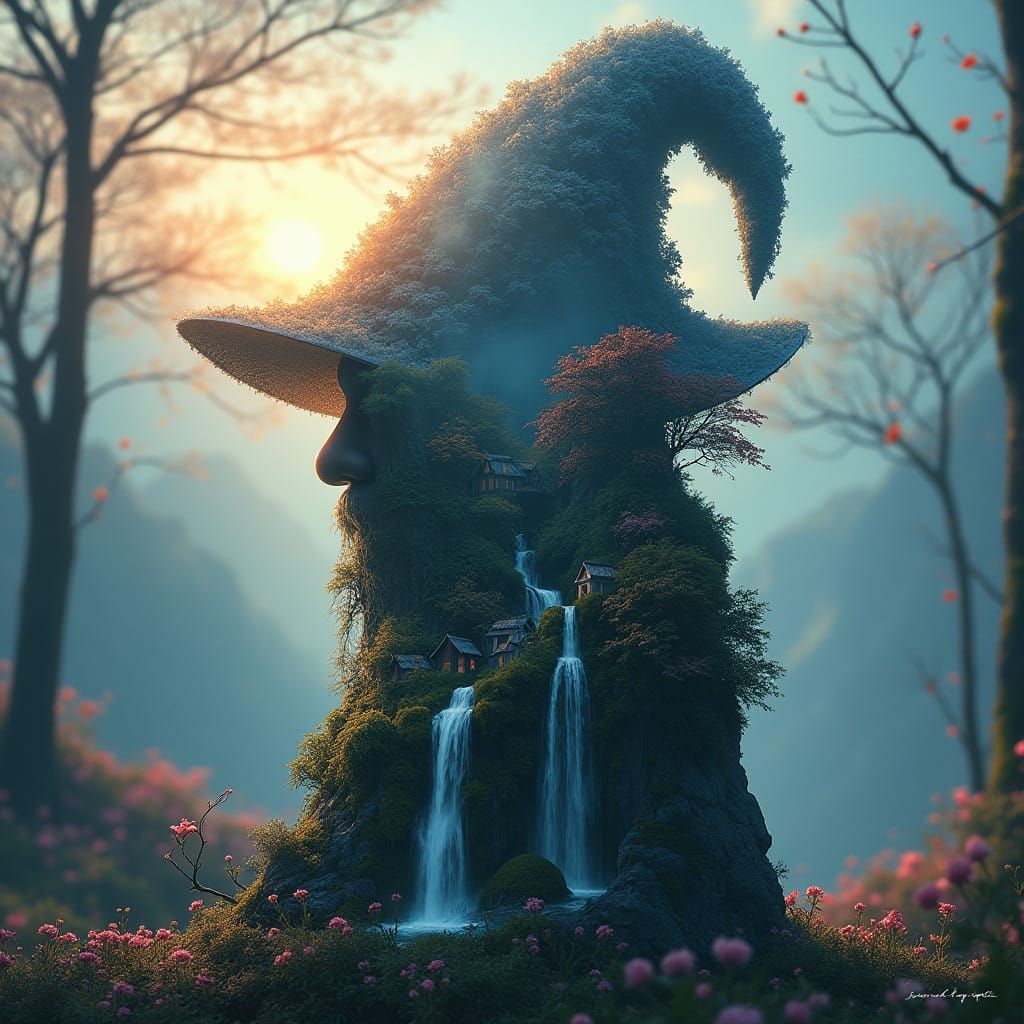 Surreal Hyperrealistic Gnome Amidst Fairy Garden and Snowy N...