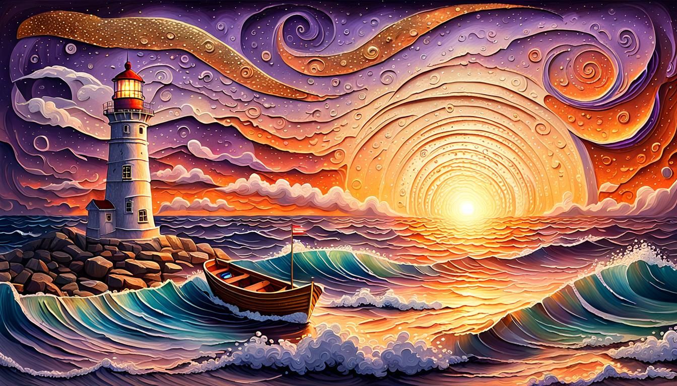 Detailed embossed art of a lighthouse beaming down a light on a small boat at sea,  Stunning sunset on ...  by @Summerchild