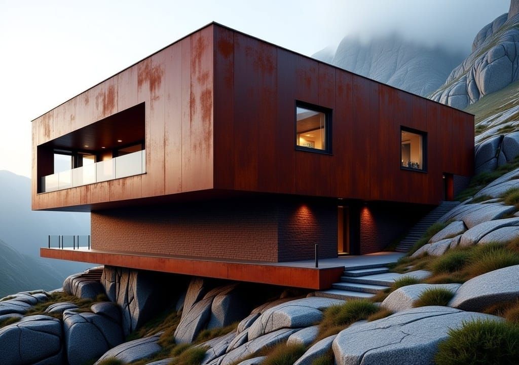 a modern house designed by <lora:The Flux Architect:1.0>, featuring a striking mix of corten steel and dark red bricks. The structure is int...