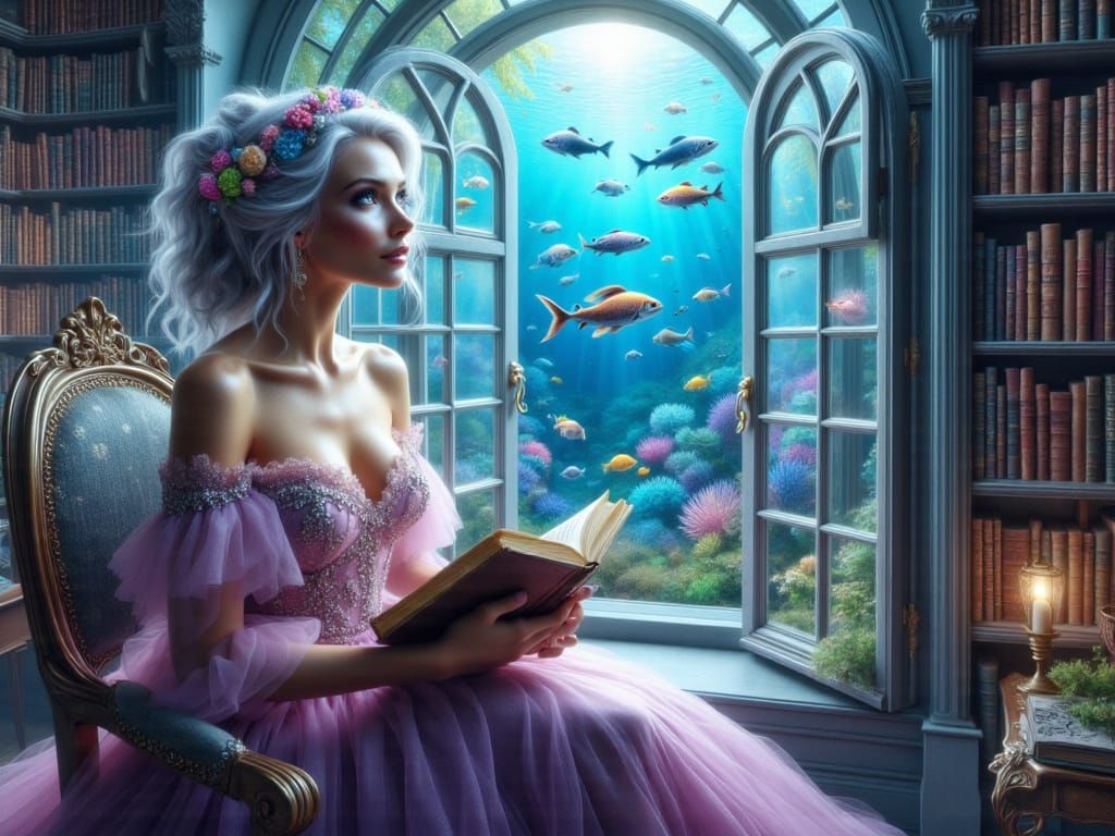 <lora:FiosWindowMagic:1.0> Leonora in her magical Aquatic study