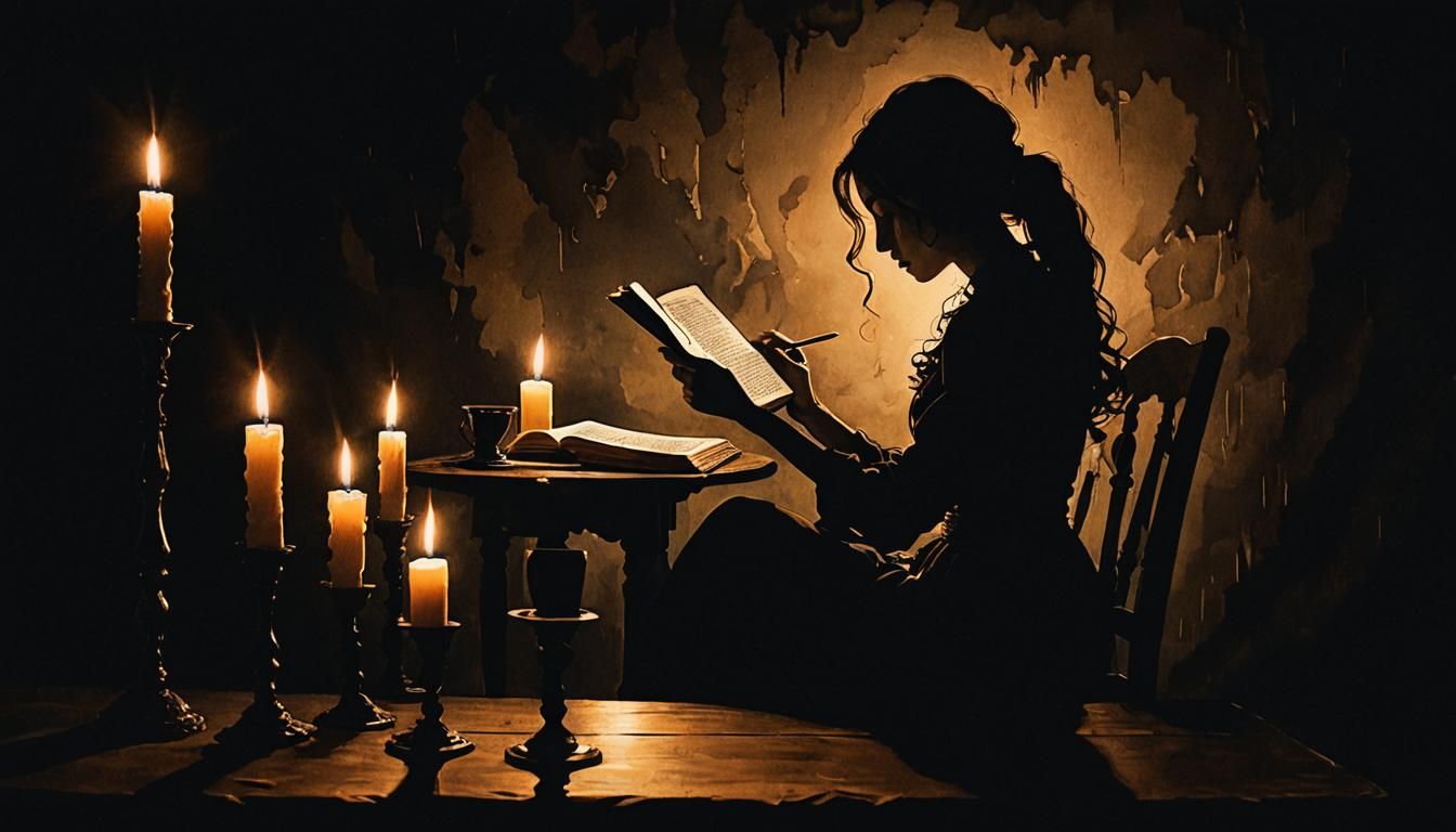 silhouette of woman reading at a table in candlelight, very dark room, minimalist  by @undefined