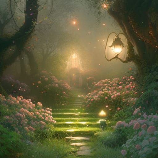 A beautiful fairytale enchanted forest at night made of glittering