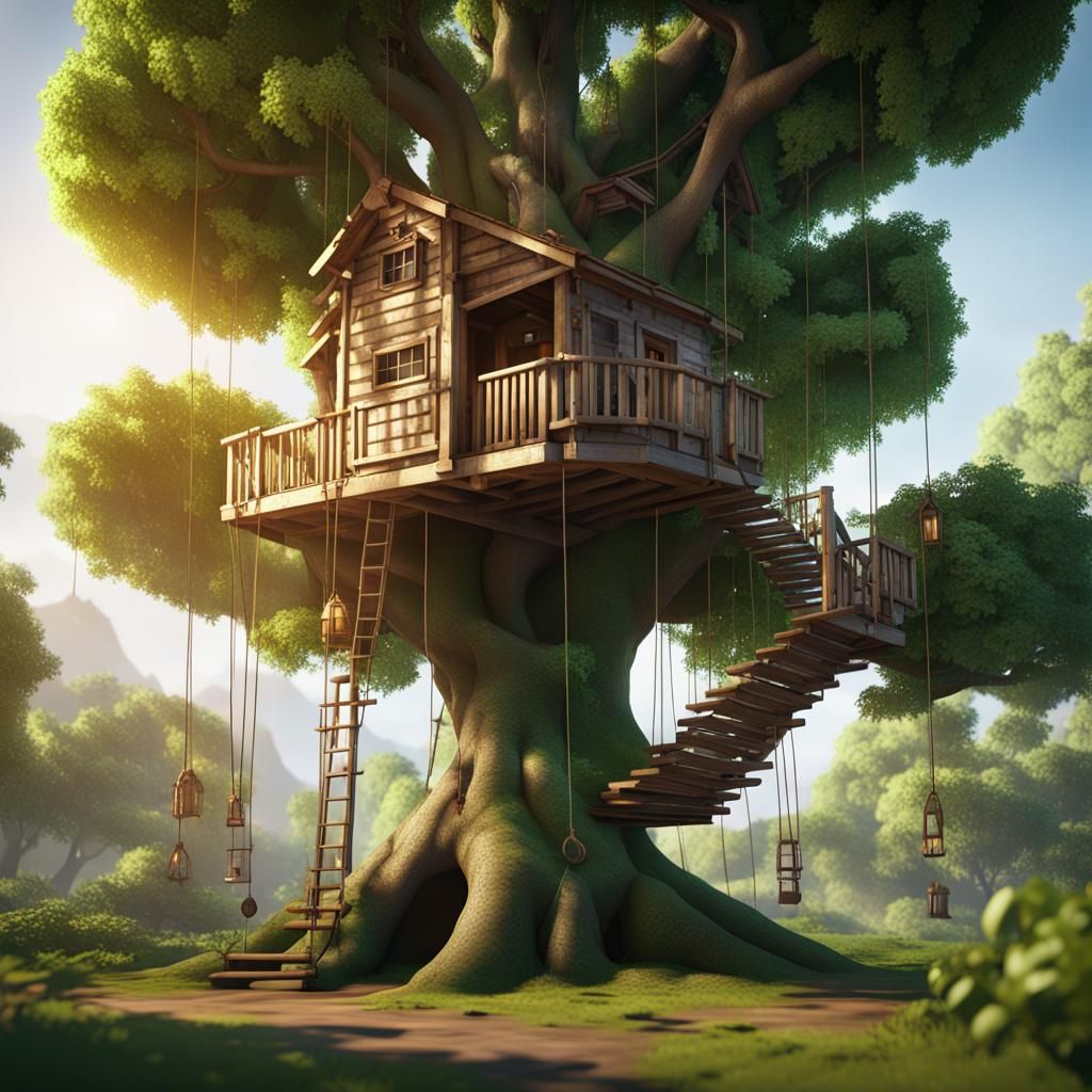 A Leafy Green Tree With A Giant Treehouse With A Rope Ladder Tire Swing Fire Pole And Zipline 3156