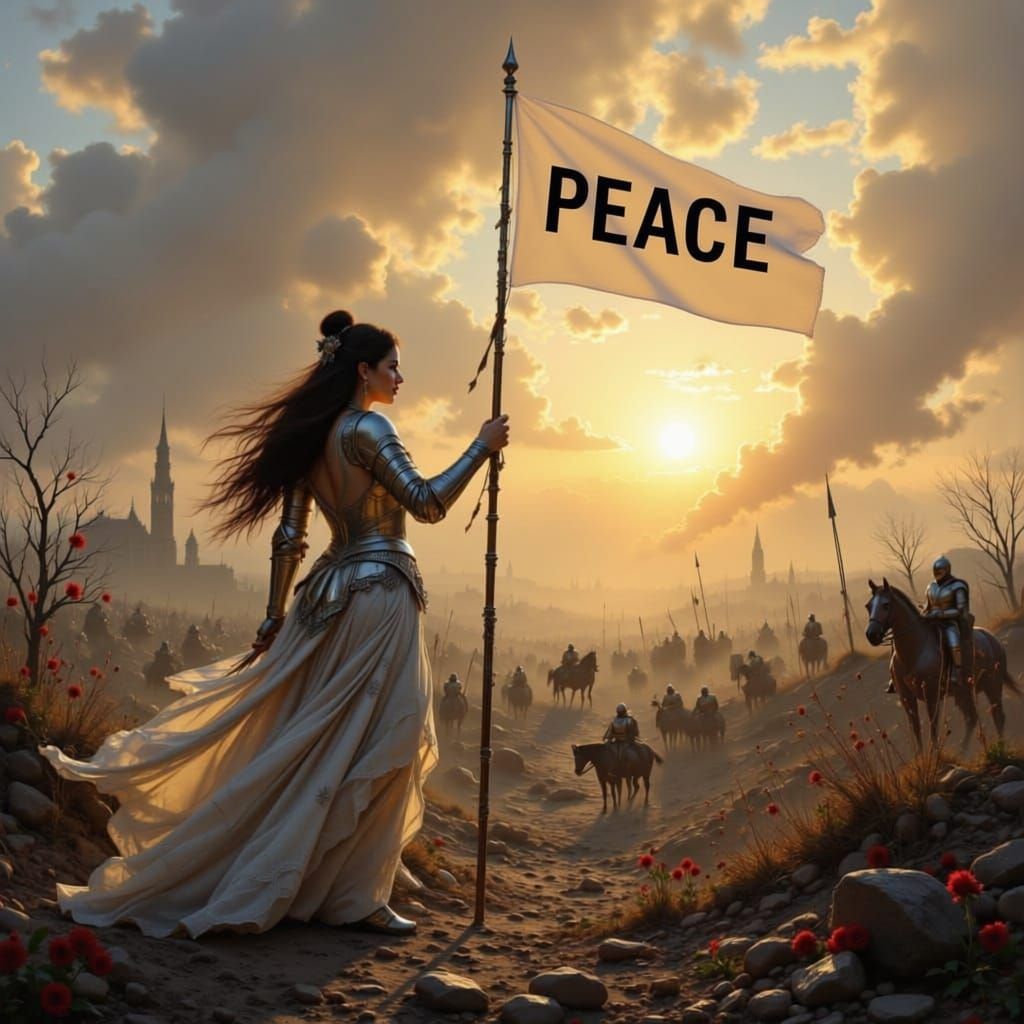 Warrior Woman Holds Peace Flag on Battlefield
