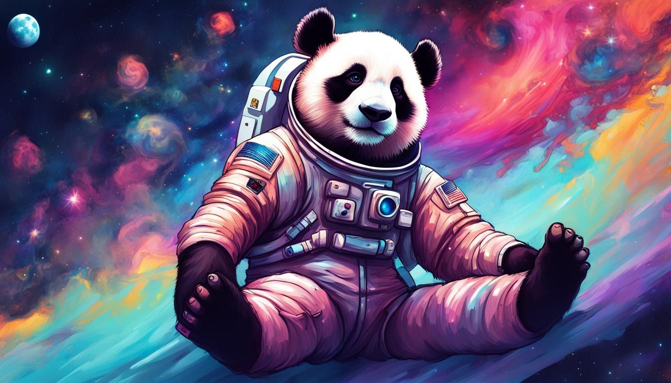 A serene panda bear astronaut, full body in view, lying on i...