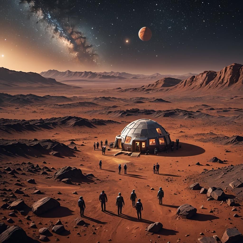 We are on a giant space on the planet Mars, it's not dark but there are stars around, a new house has ...  by @undefined