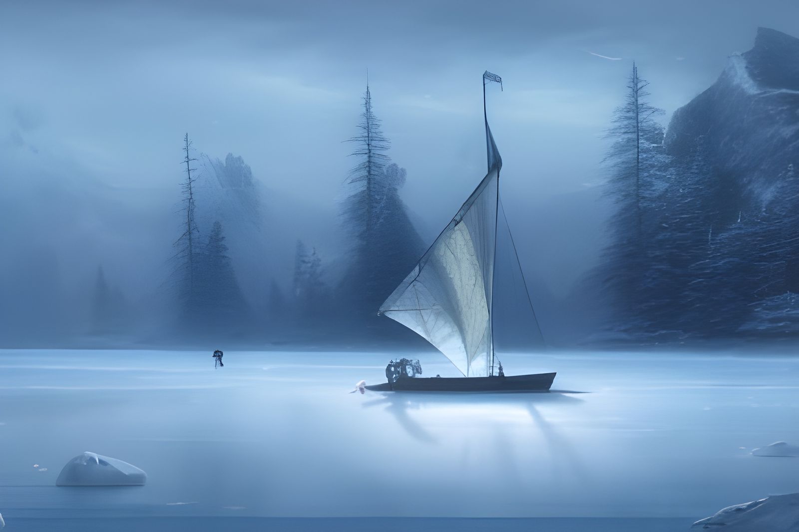 DC Winterscapes: Stranded sailboat on a frozen lake.