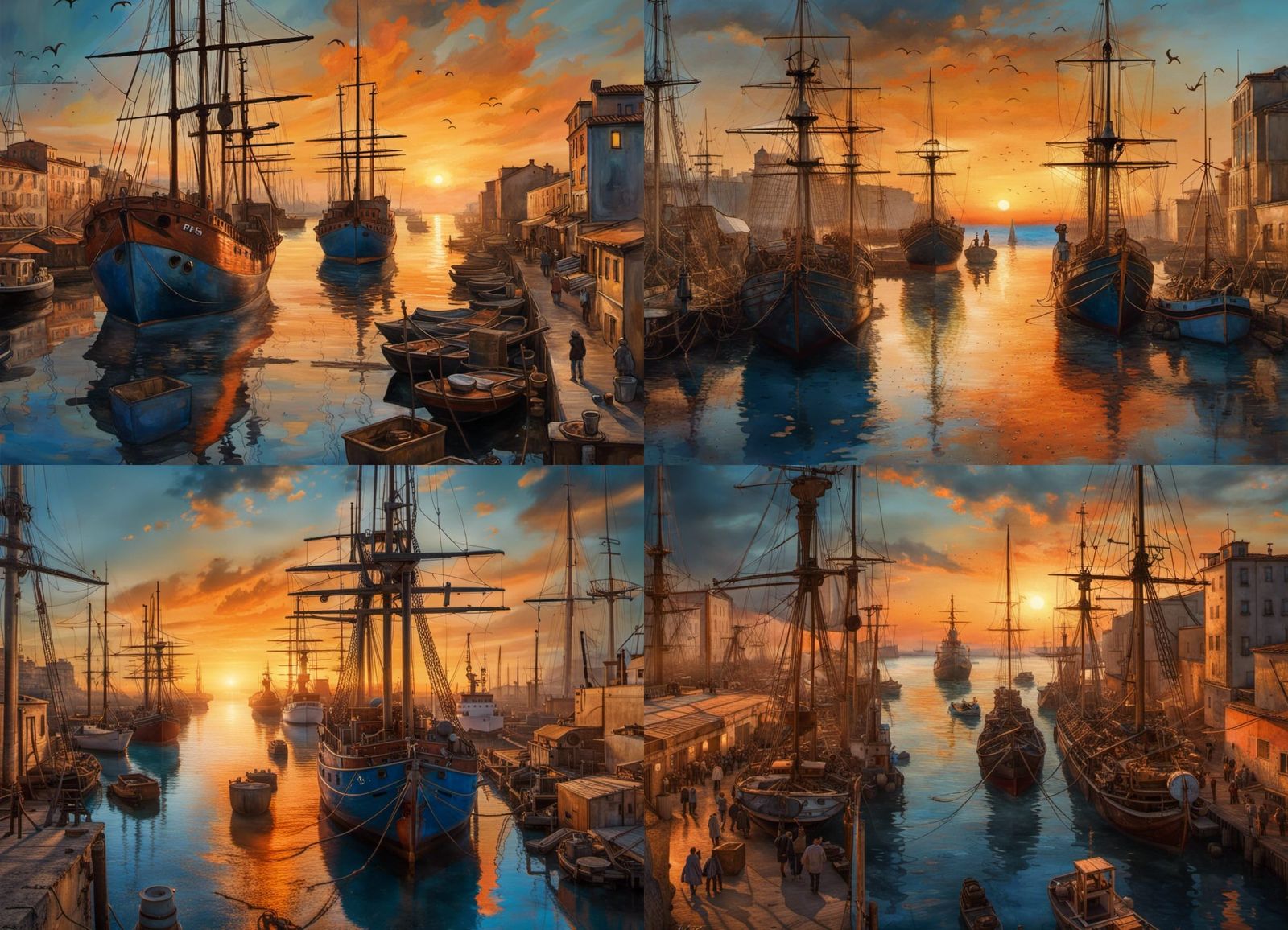 "Mirò impression of busy seaport at sunset", artistic backgr...