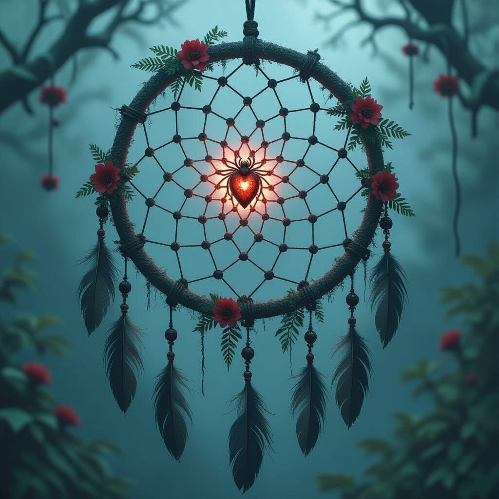 Ornate Dreamcatcher with Spider Heart, Eerie Mist