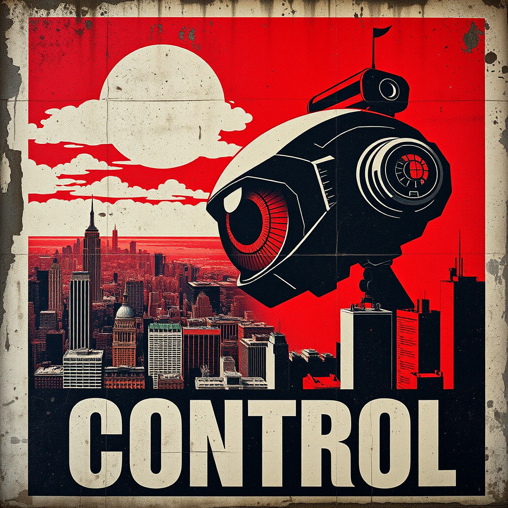 a giant robotic eye watching over a sprawling cityscape