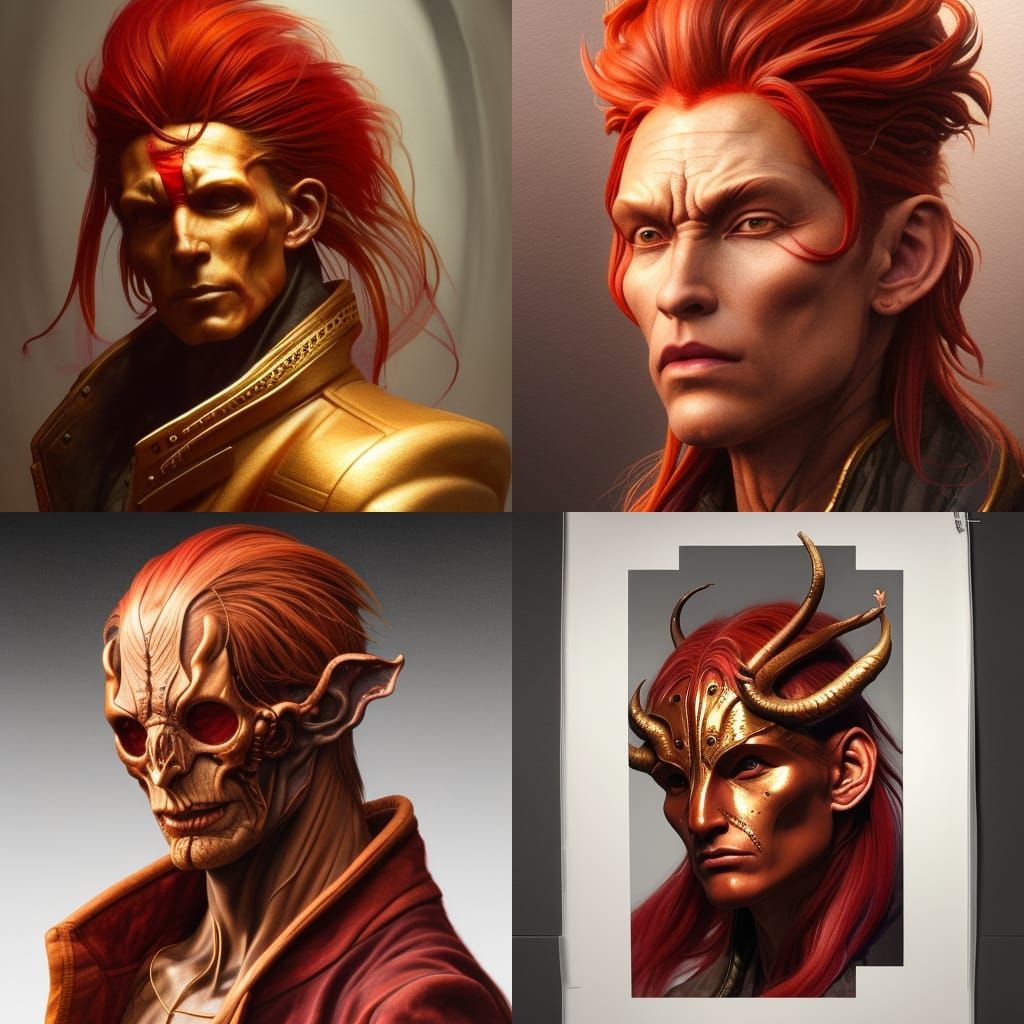 Bronze hair, red jacket, third eye, tusks portrait hyperdeta...