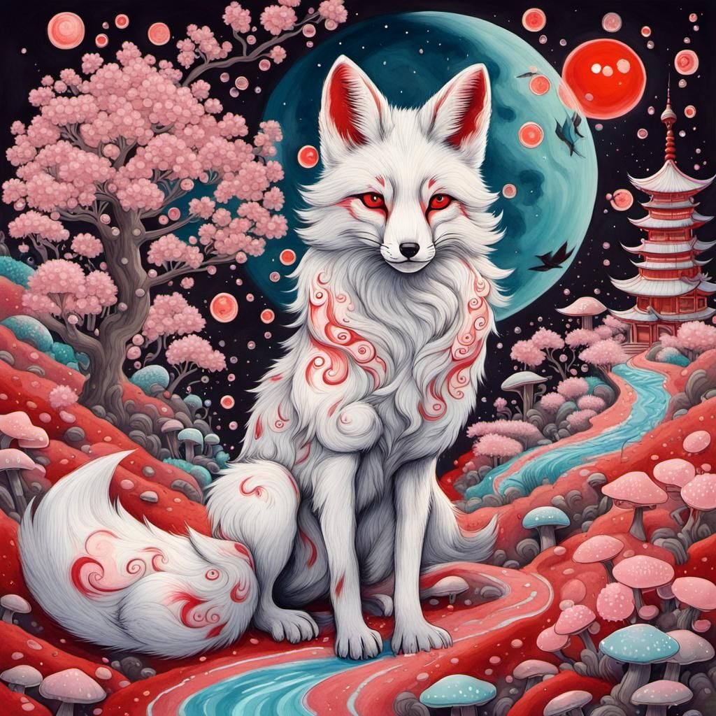 Kitsune Fox in Candyland Gouache Wonderland