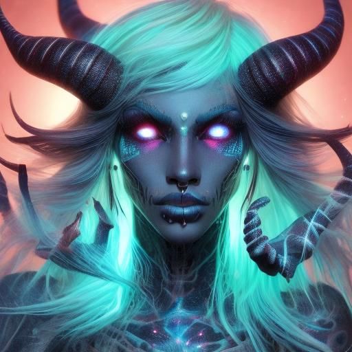 alternative woman Glowing Horns Neon hair dynamic lighting <lora:BBones:1.0> 