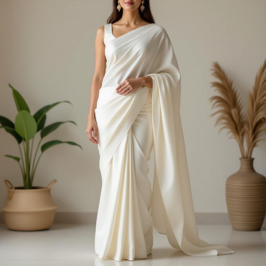 A plain white saree, smooth fabric, no patterns or designs, minimal folds, neatly draped, soft lighting, simple and clean look, vertical fra...