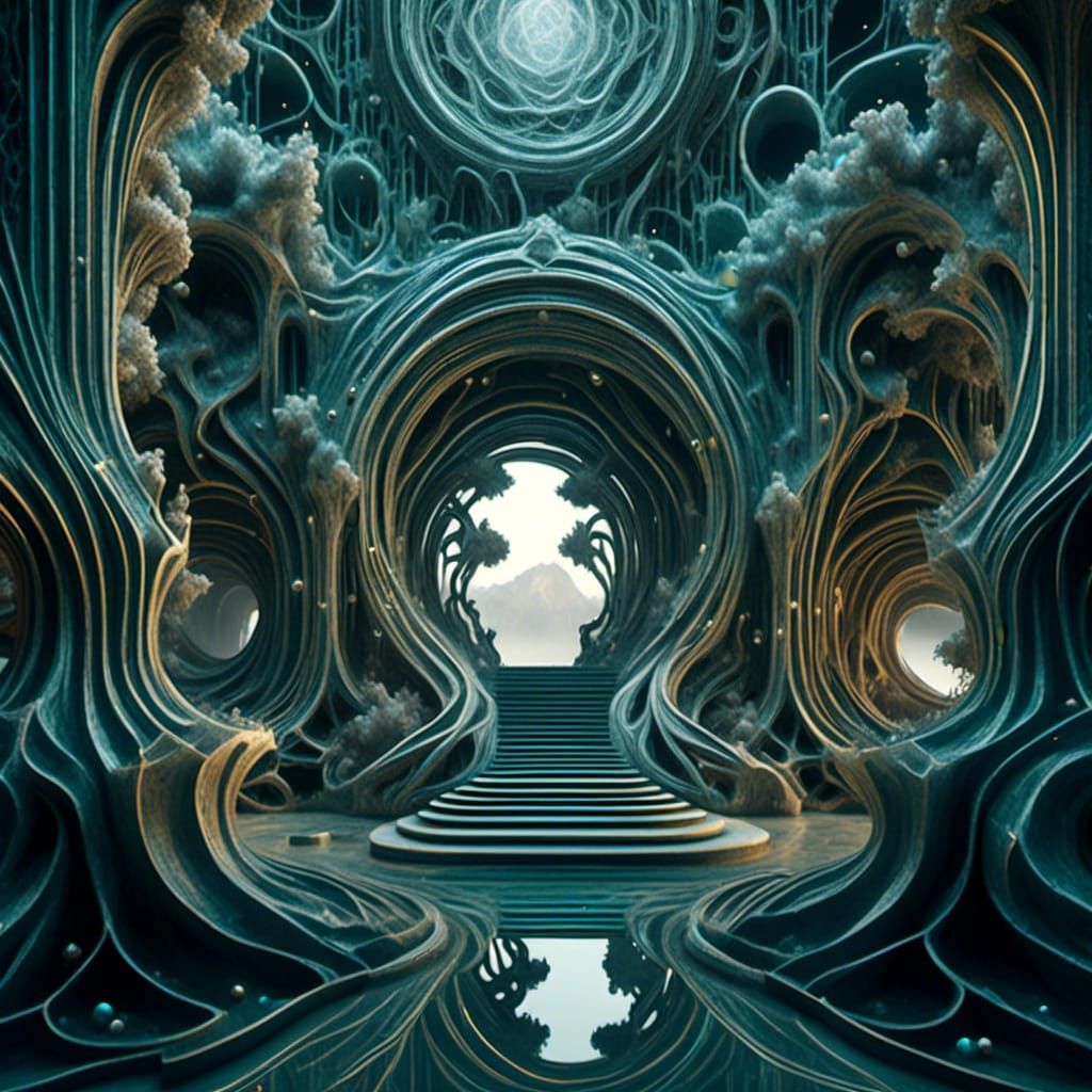 <lora:QDR:1.0>  A profound creation with yellowish marble stone carved into intricate viaducts, symbolizing life's journey. Turquoise transl...