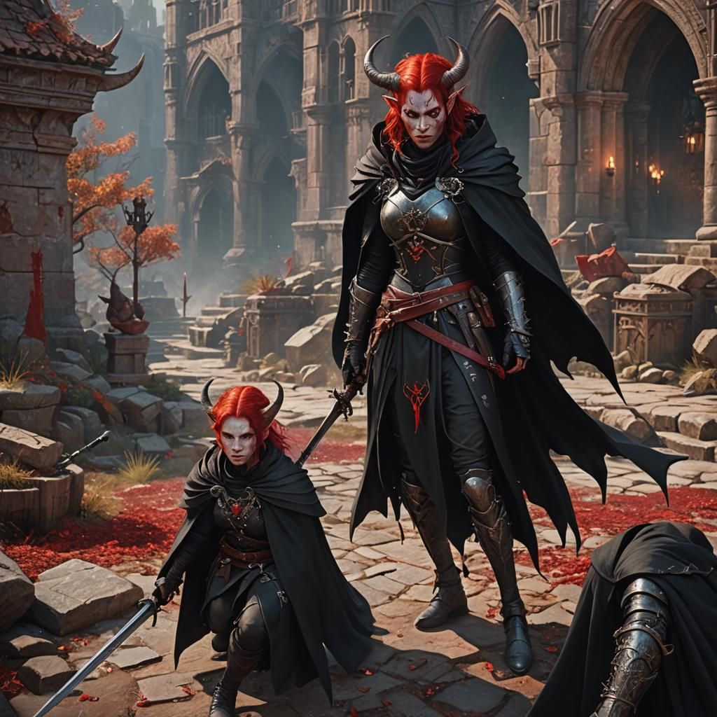 Female Tiefling with blood red hair, red skin, and black eye...