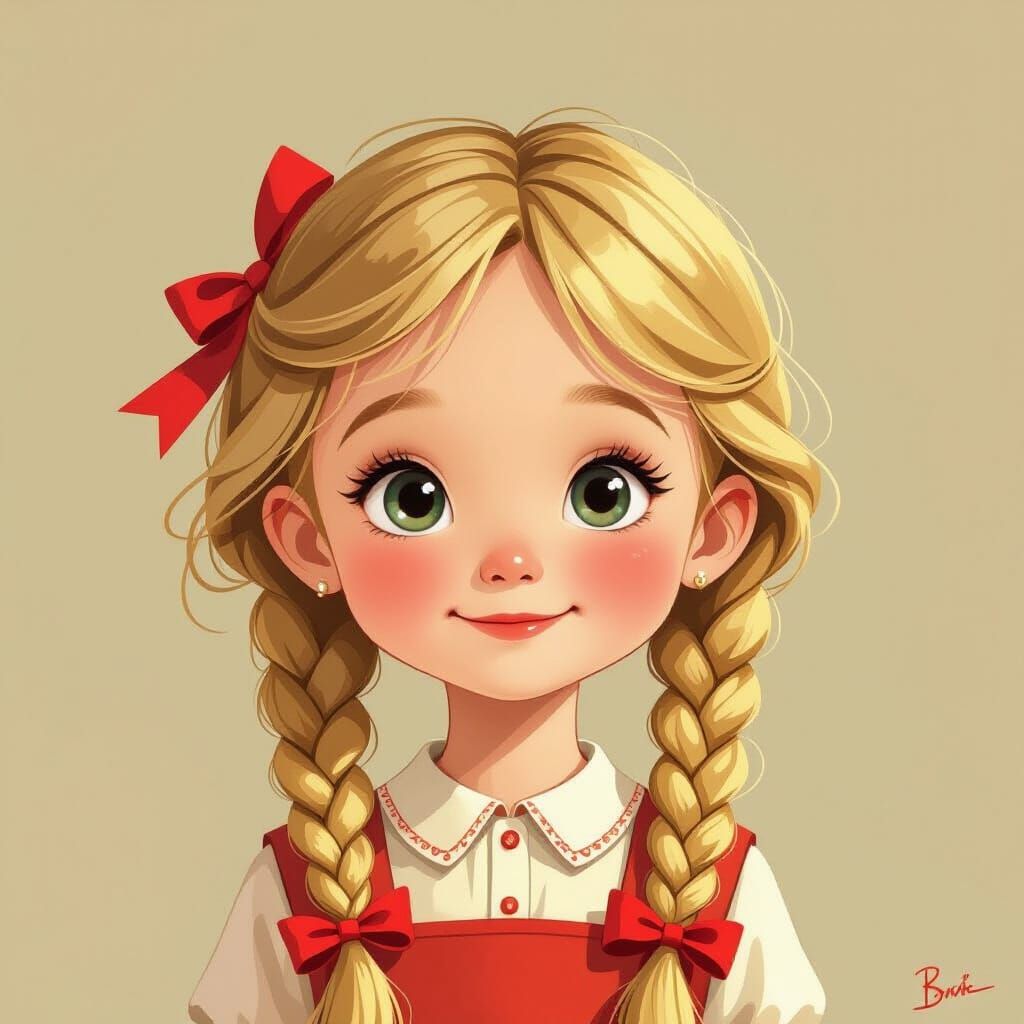 Blonde Girl with Red Ribbons Smiling in Whimsical Illustrati...