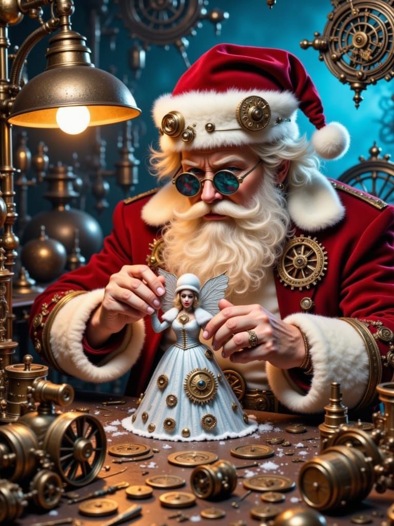 A Steampunk Santa in red& white coat and Hat ,his Hands Making a tiny((( Pixie Snow Fairy with snowflake Gears Wings))), at  a work table, w...