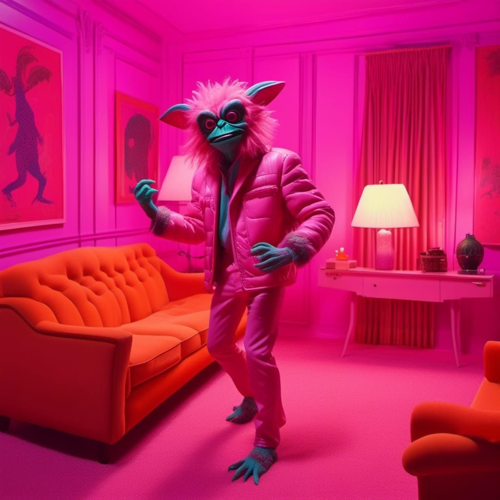 <lora:Pink Room:0.5>
A human-sized gremlin wearing a vintage jacket dancing inside a retro style pink room. synthwave neon retro 