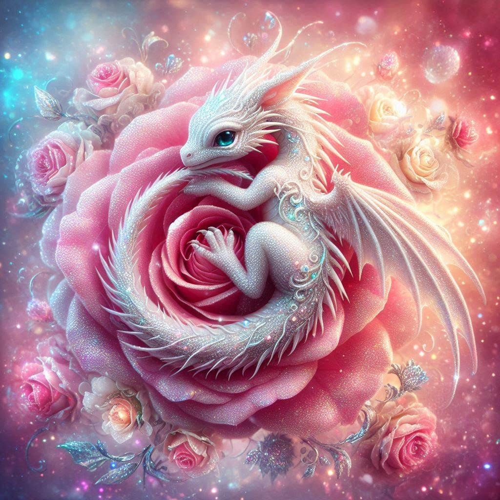 Cute baby Dragon curled up in pink rose (1)