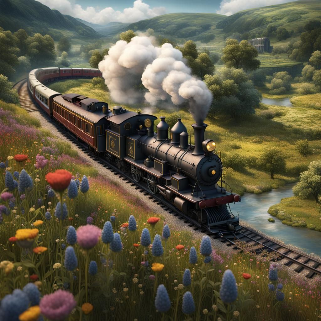 A steam train in the countryside.