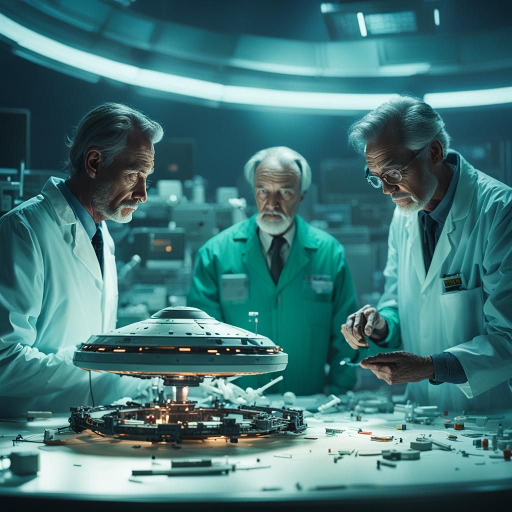 scientists, in the lab working on a crashed UFO, Cinematic f...