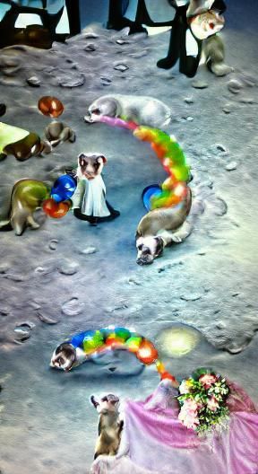 Candy ferrets wedding on the moon rainbow realistic