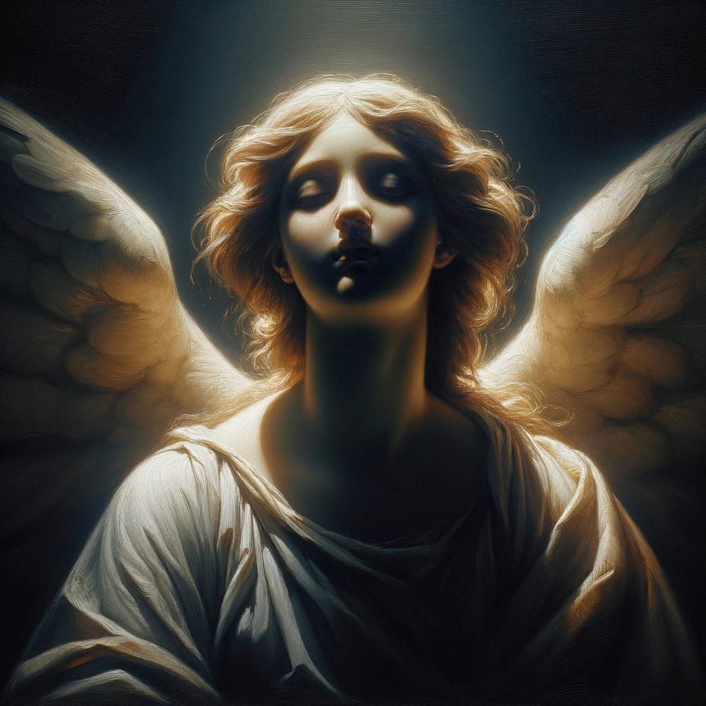 Oil Painting In the style of Rembrandt van Rijn, showing the Goddess Seraphina in a contemplative pose. The primary ligh...