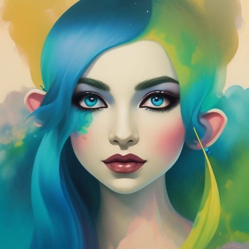 beautiful girl with big wild wavy fluid bright "blue" hair a...