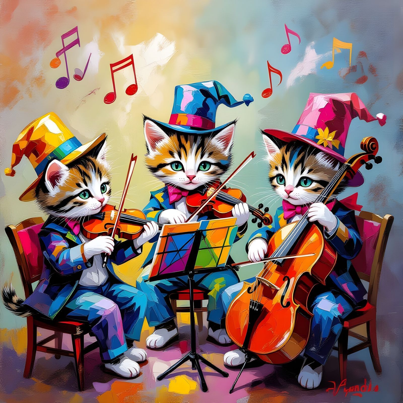 Neo-impressionism. Full shot. A group of adorable kittens wearing tiny hats play musical instruments ...  by @HIKER