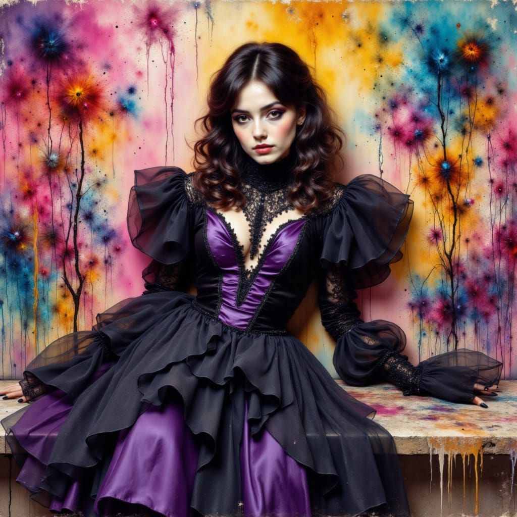 Neo-Surrealist Pin-Up Model in Avant-Garde Gothic Dress