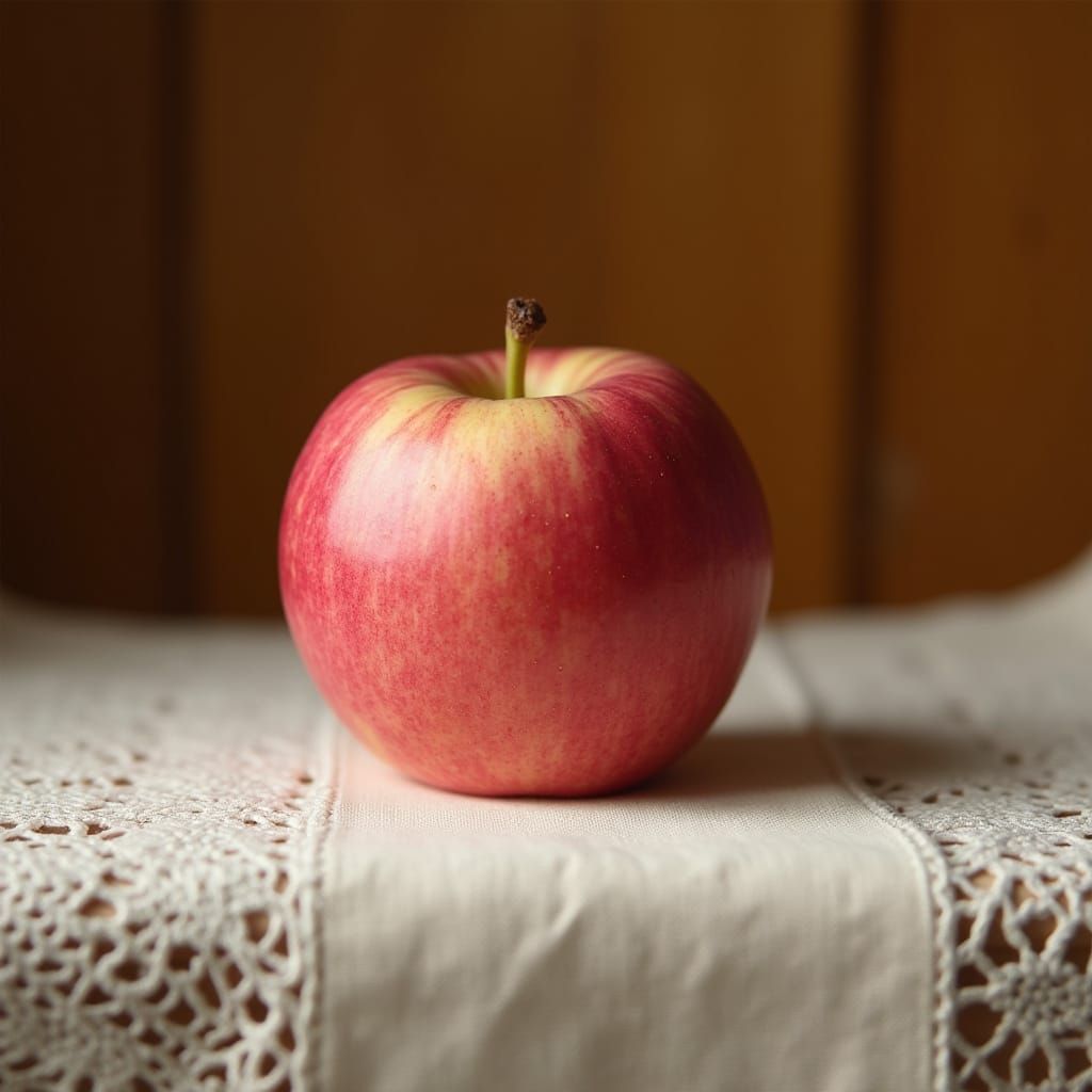 Ripe Pink Apple on Golden Brown Wooden Tablecloth