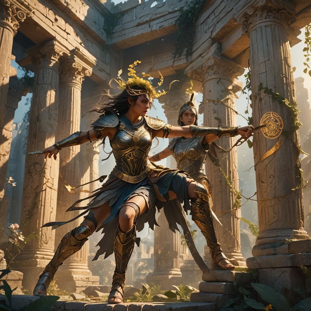 Female Warrior Practicing Acrobatics in Mystical Temple